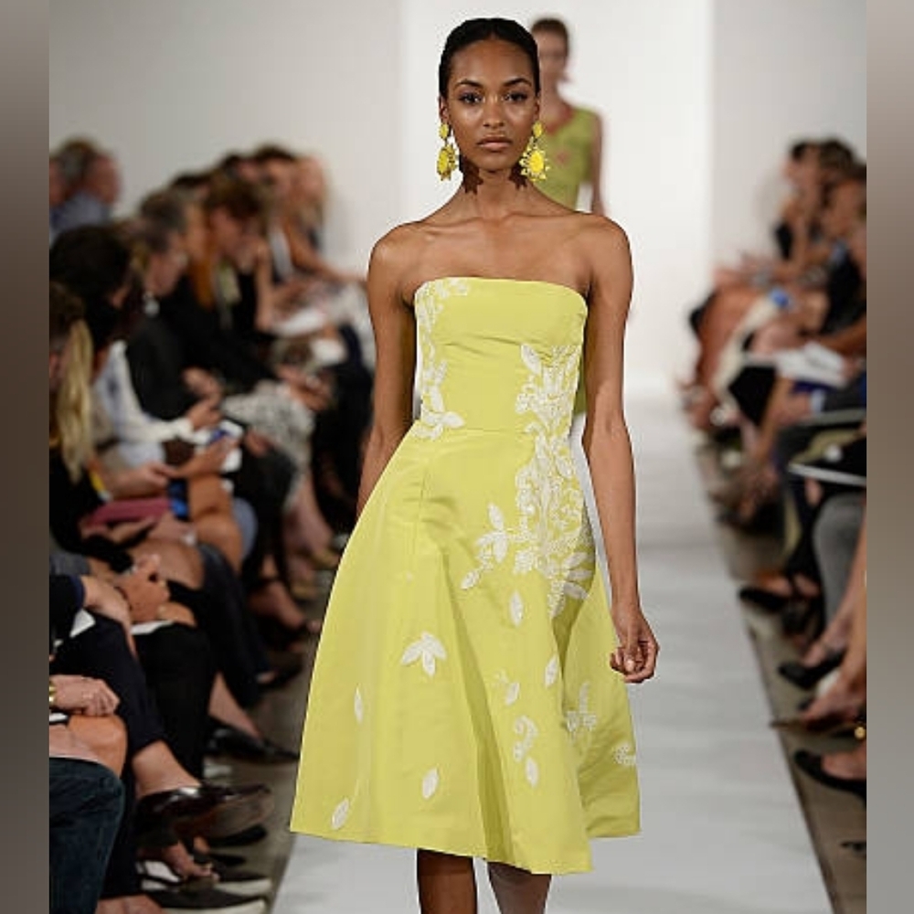 ^$5800 OSCAR DE LA RENTA  SILK YELLOW FLORAL EXCLUS BEAD RUNWAY MIDI DRESS US 12